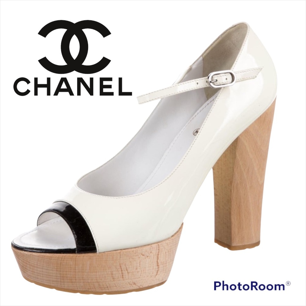 CHANEL White & Black Patent Leather Pumps